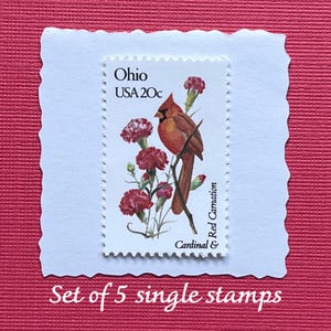 Deep red bird and flower wedding postage stamps|Vintage 1982|Ohio Cardinal & Red Carnation |5 single beautiful 20c usable stamps|Ships FREE