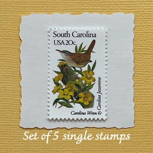 Delicate Yellow flowers wedding postage stamps|Vintage 1982|South Carolina Wren & Jessamine |5 single beautiful 20c usable stamps|FREE Ship