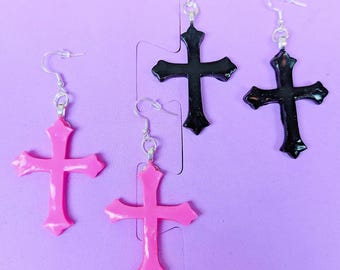 Gothic Cross Earrings Black Pink, Alt Kawaii Jewelry, Cute Punk Earrings, Handmade