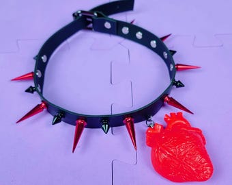 Anatomical Heart Choker Red Black, Gothic Spike Choker, Grunge Alt Necklace, Emo Jewelry Handmade