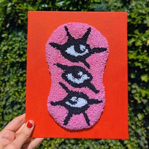 Fiber Art wool Art wall decor red black pink eyes surreal cartoon alternative gothic