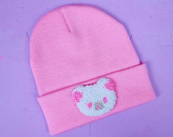 pink white cute bear beanie