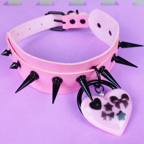 Pink Studded Heart Ring Choker Pink Spiked Heart Choker Pink Etsy