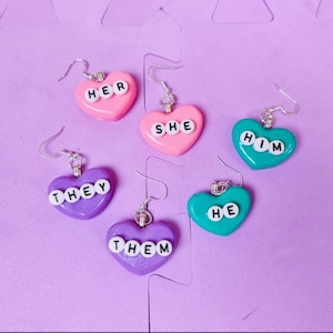 Pronoun earrings pastel she/her he/him they/them