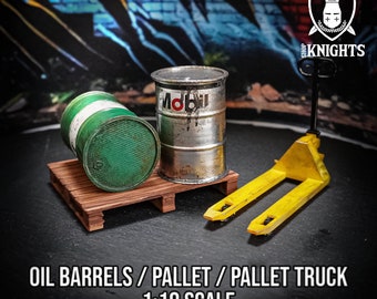 1:18 Pallet truck/ Jack with Pallet/ Castrol/ Mobile barrels/ Part For Diorama / 3D Print / Hand Painted Miniature / Workshop Diorama