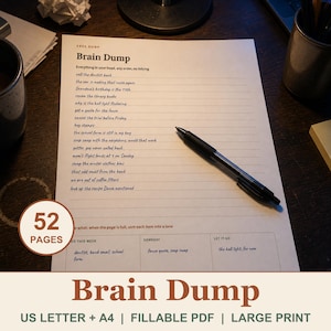 May include: A white paper sheet titled Brain Dump with lined sections for notes, a list of handwritten tasks, and three bottom boxes labeled Do This Week, Someday, and Let It Go. A black retractable ballpoint pen rests diagonally on the paper.