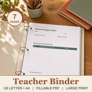 May include: A white three-ring binder containing a Student Progress Notes form with seven pages. The document includes fields for student name, class, strengths, current goals, and a table for dated notes with columns for date, observations, and next steps.