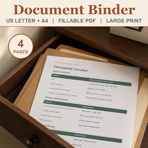 Important Document Binder, Family Documents & Accounts Locator, Printable + Fillable + Large Print, Where Everything Is Kept