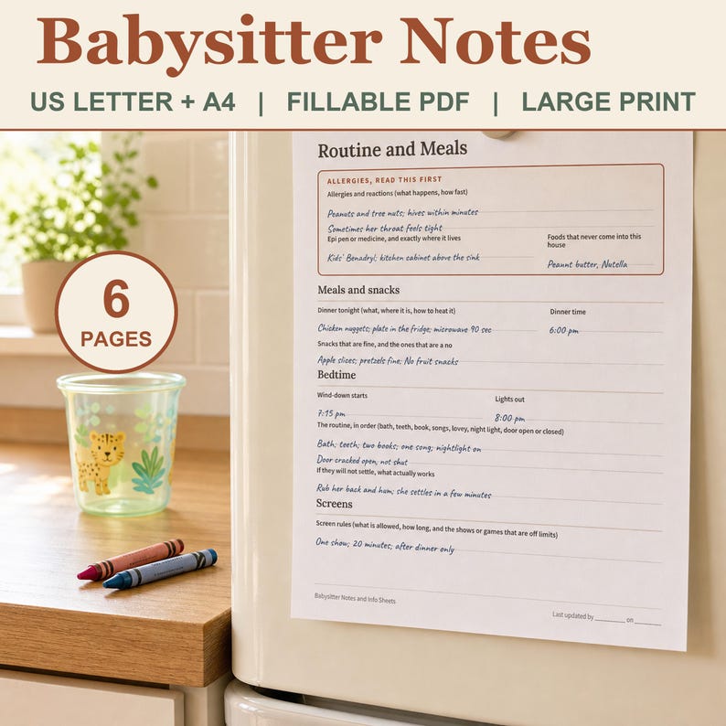 Etsy Printable Fillable Kind Notes.pdf Notes imprimables pour la baby-sitter, fiche d'informations et liste de ...