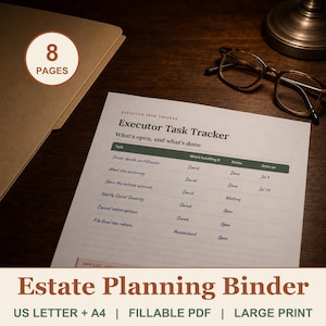 May include: An 8-page Executor Task Tracker document printed on white paper. The form features a table with columns for task, person responsible, status, and completion date. The header reads Executor Task Tracker: What's open, and what's done.