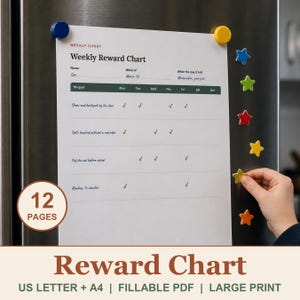 May include: A white paper weekly reward chart with black text and a dark green header row. The chart includes fields for name, week, and goal completion, with red checkmarks filled in. It is attached to a metallic surface with colorful magnets.