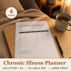 May include: A white paper sheet titled Daily Wellness and Energy Log with a table for tracking sleep, mood, and energy levels over a week. The document includes a section for notes and weekly reflections. A black pen rests on the paper next to a mug.
