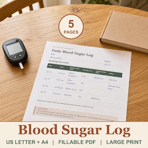 Blood Sugar Log, Printable Glucose Tracker and Diabetes Log Book, Fillable plus Large Print, Daily and Weekly Blood Sugar Readings