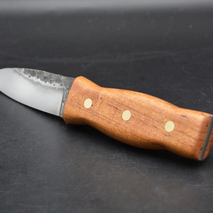 May include: A small, handmade knife with a wooden handle and brass accents. The blade is made of steel and has a slight curve.