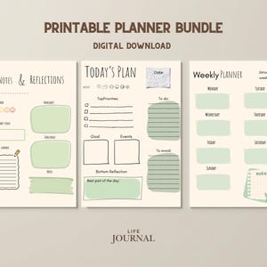 May include: A printable planner bundle digital download featuring five pages with cream backgrounds and sage green accents. The pages include a cover titled My Little Plans, Notes & Reflections, Today's Plan, Weekly Planner, and Monthly Overview.