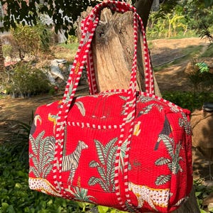 Red Jungle Cotton Block Printed Duffle Bag Women Handmade Quilted Duffel Bag Ecofriendly Cotton Overnight, Travel, Shopping Bag