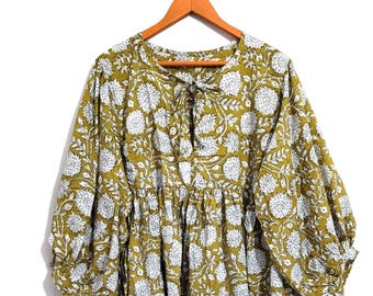 Yellow Floral Block Print Cotton Dress, Oversized Bohemian Midi
