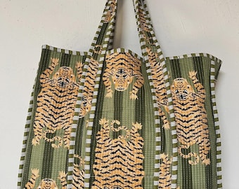 Cotton Tibetan Tiger Green Quilted Tote Bag For Women, Large 18x18 Everyday Shoulder Bag, Grocery Market Tote Bag For Women