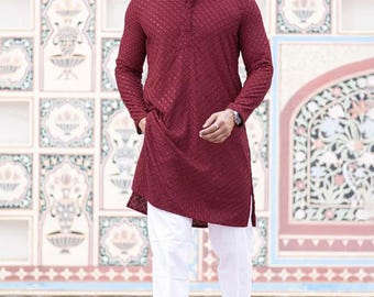 Kurta étnica para hombre, estilo Chikankari indio rojo, con espejo de secuencia tradicional, conjunto de pijama para boda, regalo para él.
