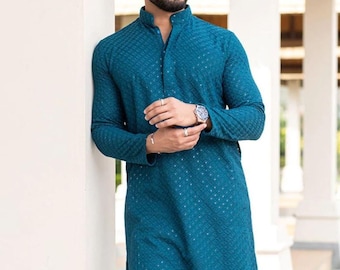 Indian Chikankari Work Ethnic Men's Kurta, Traditional Sequence Mirror Work Wedding Sky Blue / Teal Kurta Pajama Set For Men, Gift for Him