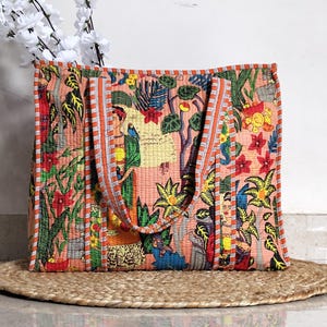 Frida Kahlo Inspired Pink Cotton Quilted Handmade Tote Bag, Everyday Market Grocery Bag For Women, Bridal Party Bag, Women Shopping Bag