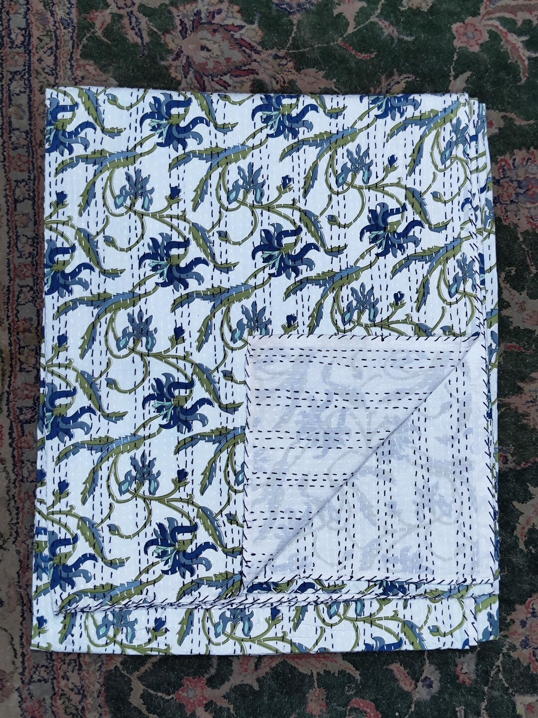 Blue Floral Kantha Quilt - Bohemian Handmade Cotton Bedspread - Etsy