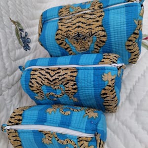 Indian Handmade Set Of 3 Tiger Print Makeup Cosmetic Bag, Travel Organize Cotton Toiletry Kits Hand Block Print Waterproof lining Inside"