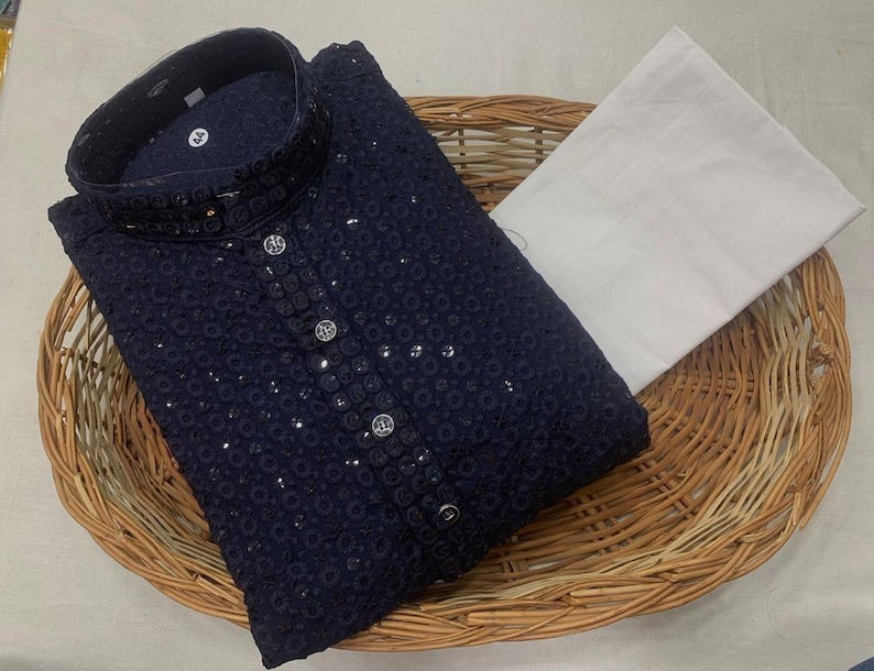 Indian Ethnic Men's Chikankari Work Kurta Pyjama Set