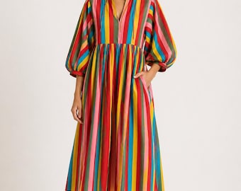 Colorful Stripe Midi Dress Puff Sleeve 100% Cotton Kyra Boho Dress Rainbow Striped Dress Loose Fit Summer Dress Women