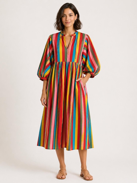 Colorful Stripe Midi Dress Puff Sleeve 100% Cotton Kyra Boho Dress Rainbow Striped Dress Loose Fit Summer Dress Women