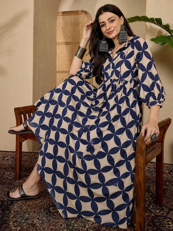 blue geometric dress Women's Print | Balloon Sleeve Midi Dress | Loose Fit Babydoll Dress | Everyday Boho Outfit Shirt Collar