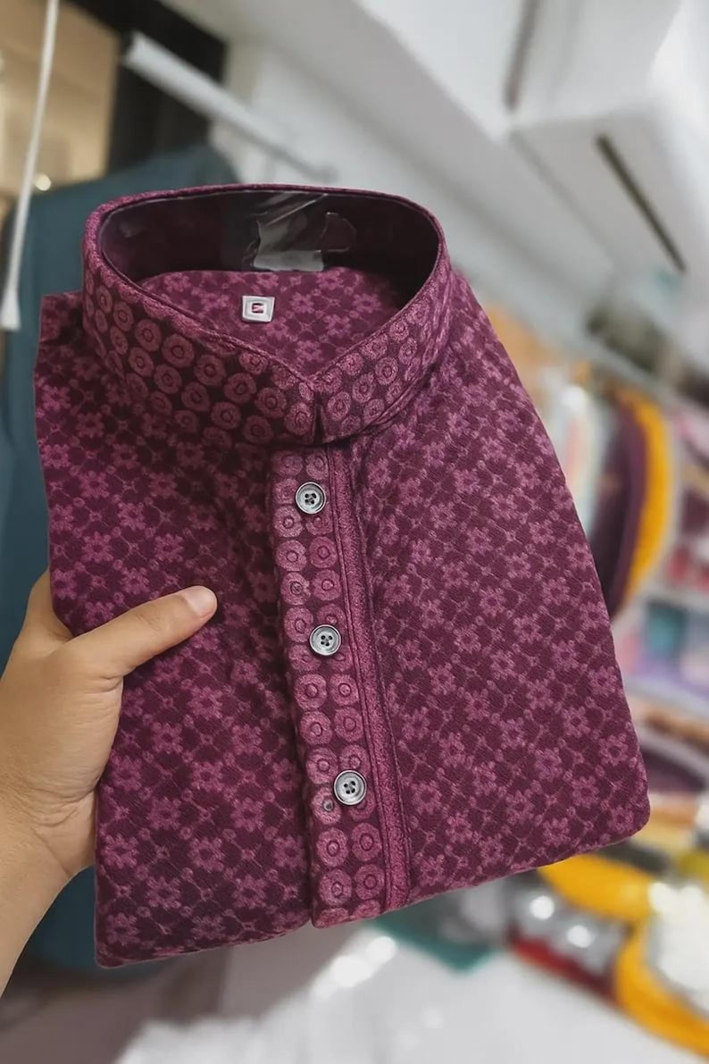 Indian Chikankari Mirror Work Kurta For Men Pakistani Ethnic Designer Festival Only Kurta For Men Wine