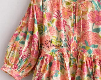 Pink Floral Block Print Cotton Gauze Dress, Oversized Bohemian Midi Dress For Women