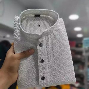 Chikankari Kurta-pyjamaset för män | Indiskt traditionellt paljettmönster | Etniska festivalkläder | Pakistansk kurta för män Vit