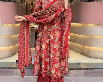 Women's Floral Printed Soft Rayon V-Neck Red Anarkali Kurta with Palazzos & With Dupatta Set For Women