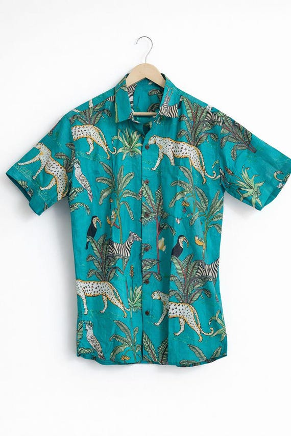 Animal Print Shirt for Men – Teal Jungle Button Up Shirt, Short Sleeve Summer Hawaiian Style Shirt, Beach Vacation Wear, Valentine Day Gift