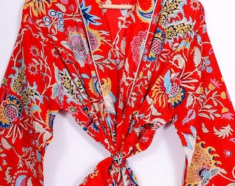 Red Floral Paisley  Print 100% Cotton Kimono Drawstring Midi Bath Robe For Women