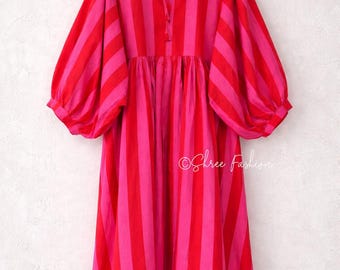 Pink Striped Block Print Cotton Gauze Dress, Oversized Bohemian Midi Dress For Women