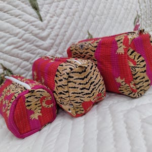 Tiger Print Toiletry Bags Combo With Tote Bag Set Of 3 Cotton Quilted Cosmetic Bags, Tiger Hand Printed Makeup Bags & Tote Bag Free Shipping