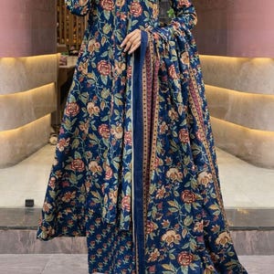 Kurta anarkali estilo Bollywood con cuello en V y estampado floral azul para mujer, conjunto de palazzo y dupatta, regalo para mujer.