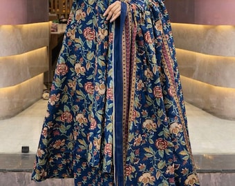 Women's Blue Floral Printed V-Neck Bollywood Anarkali Kurta With Palazzos & Dupatta Set For Women, Ethnic Blue Anrakali Kurta Set Gift