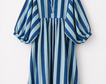 Striped Cotton Kyra Midi Dress for Women, Puff Sleeve Boho Dress, Loose Fit Maxi Dress, Cottagecore Summer Dress