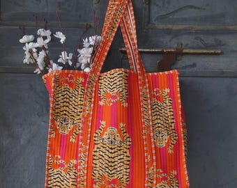 Cotton Tibetan Tiger Print Quilted Handmade Tote Bag, Pink & Orange Tiger Print Indian Cotton Quilted Tote Bag Everyday Shoulder Bag