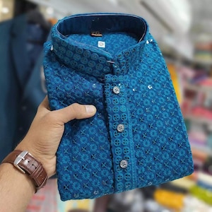 Indian Chikankari Mirror Work Kurta For Men Pakistani Ethnic Designer Festival Kurta Set For Men