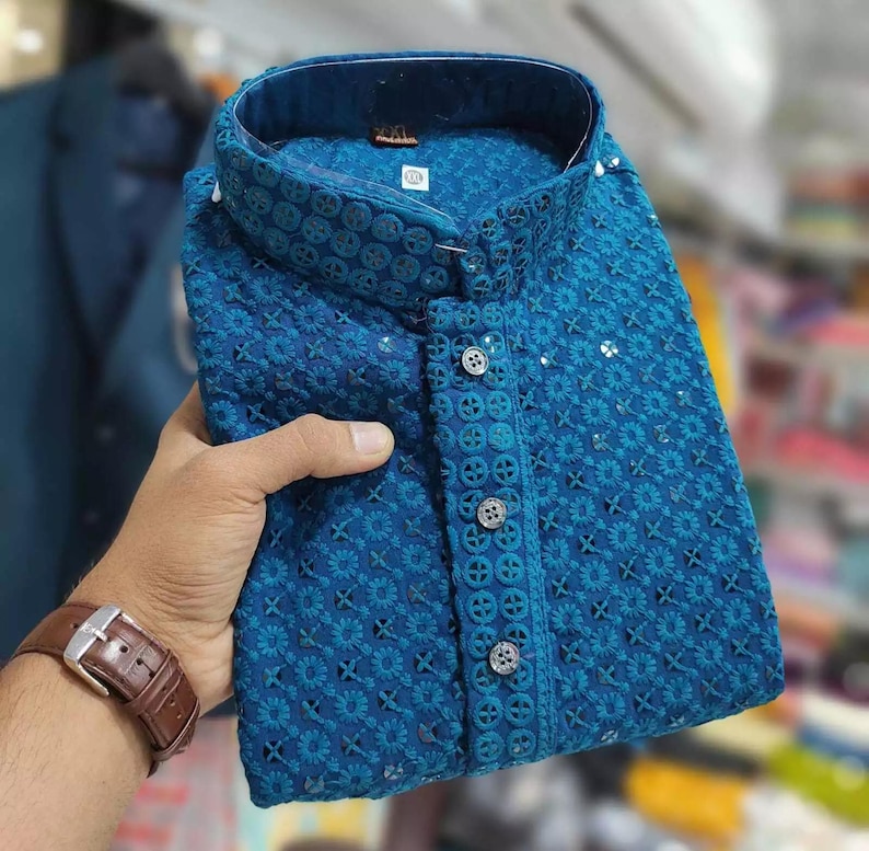 Indian Chikankari Mirror Work Kurta For Men Pakistani Ethnic Designer Festival Kurta Set For Men