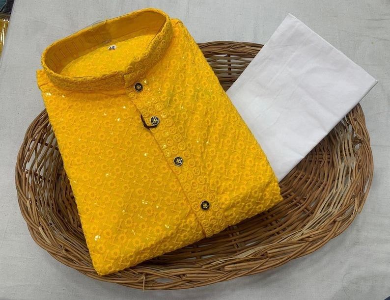 Indian Ethnic Men's Chikankari Work Kurta Pyjama Set