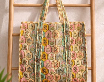 Handgemaakte gewatteerde katoenen draagtas | Omkeerbare shopper boho-shopper met blokprint