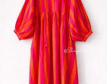 Orange Striped Block Print Cotton Dress, Oversized Bohemian Midi