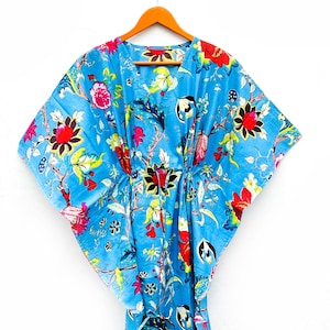 Summer Wear Blue Floral Print Cotton kaftan For Beach Cover Up, Indian Hand Block Night Gown, Women&#39;s Beach Wear, Hand Printed Tunics