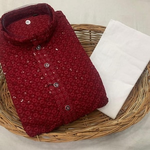 Indian Ethnic Men's Chikankari Work Kurta Pyjama Set
